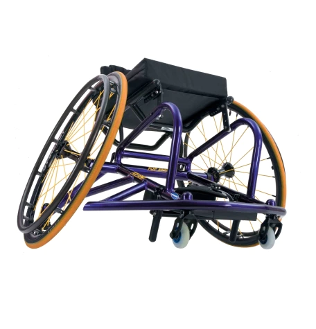 The Invacare Top End Pro Basketball wheelchair in purple and orange, shown at an angle from below