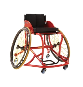 The Invacare Top End Pro Basketball wheelchair in red and yellow, shown at an angle.