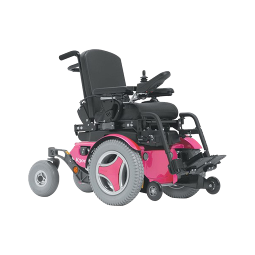 Permobil K300 PS Jr pediatric power wheelchair in pink, shown at an angle