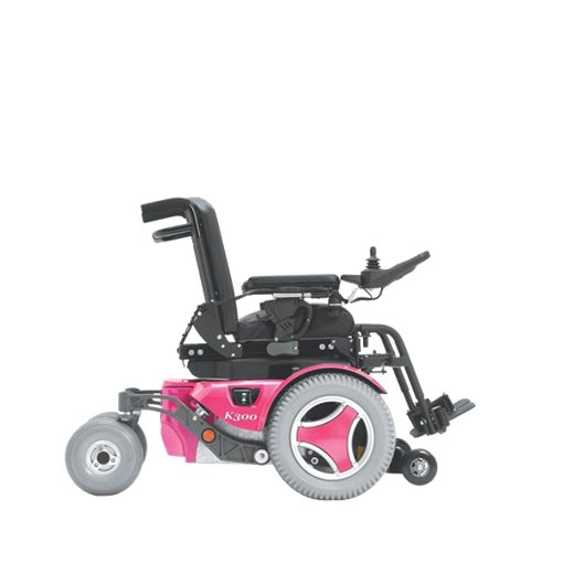 Permobil K300 PS Jr pediatric power wheelchair in pink, side view