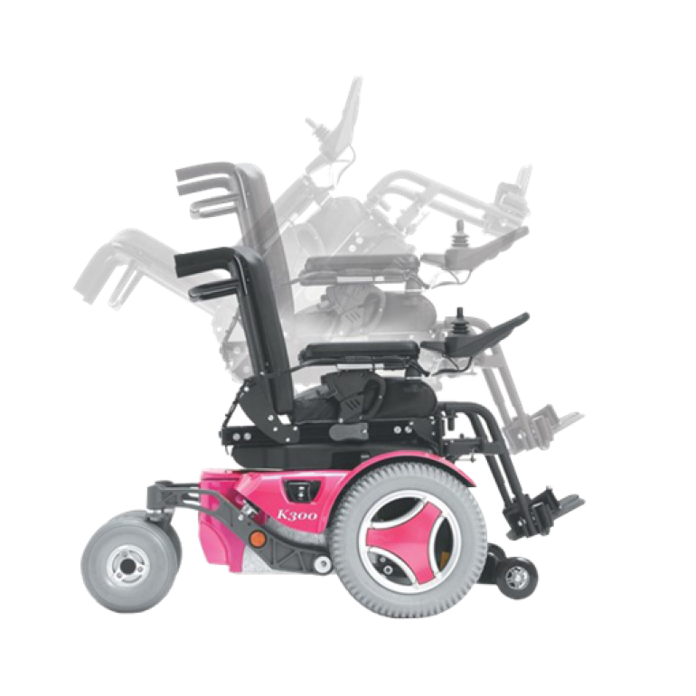 Permobil K300 PS Jr pediatric power wheelchair in pink, tilting options