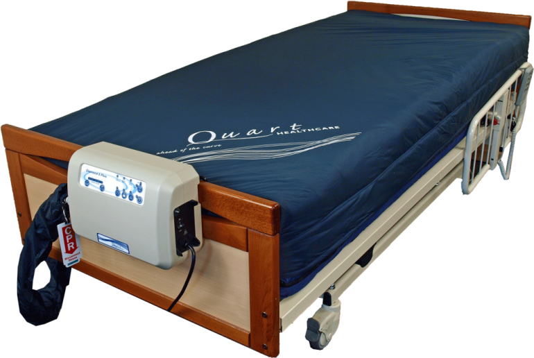 The Quart Diamond 8 Plus Low Air Loss Mattress shown on a hospital bed, attached to its air pump