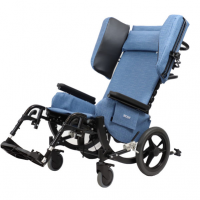 The Broda Encore Pedal Wheelchair with blue padding and laterals is in a slightly tilted position thumbnail