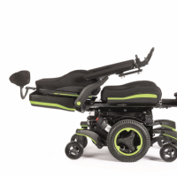 The Q700-UP power wheelchair is shown with bright green accents in the supine/up facing position thumbnail