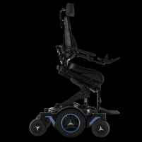 The Permobil M5 power chair with blue accents and rehab seating is shown in the ActiveReach position, using seat elevation and forward tilt to gain up to 4.5 inches of additional reach. thumbnail