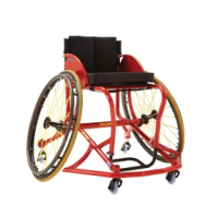 The Invacare Top End Pro Basketball wheelchair in red and yellow, shown at an angle. thumbnail