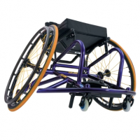 The Invacare Top End Pro Basketball wheelchair in purple and orange, shown at an angle from below thumbnail